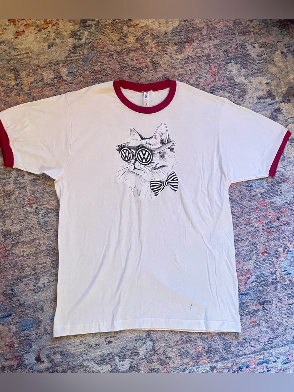 Tultex White Ringer Tee with Red Trim and Cat Graphic
